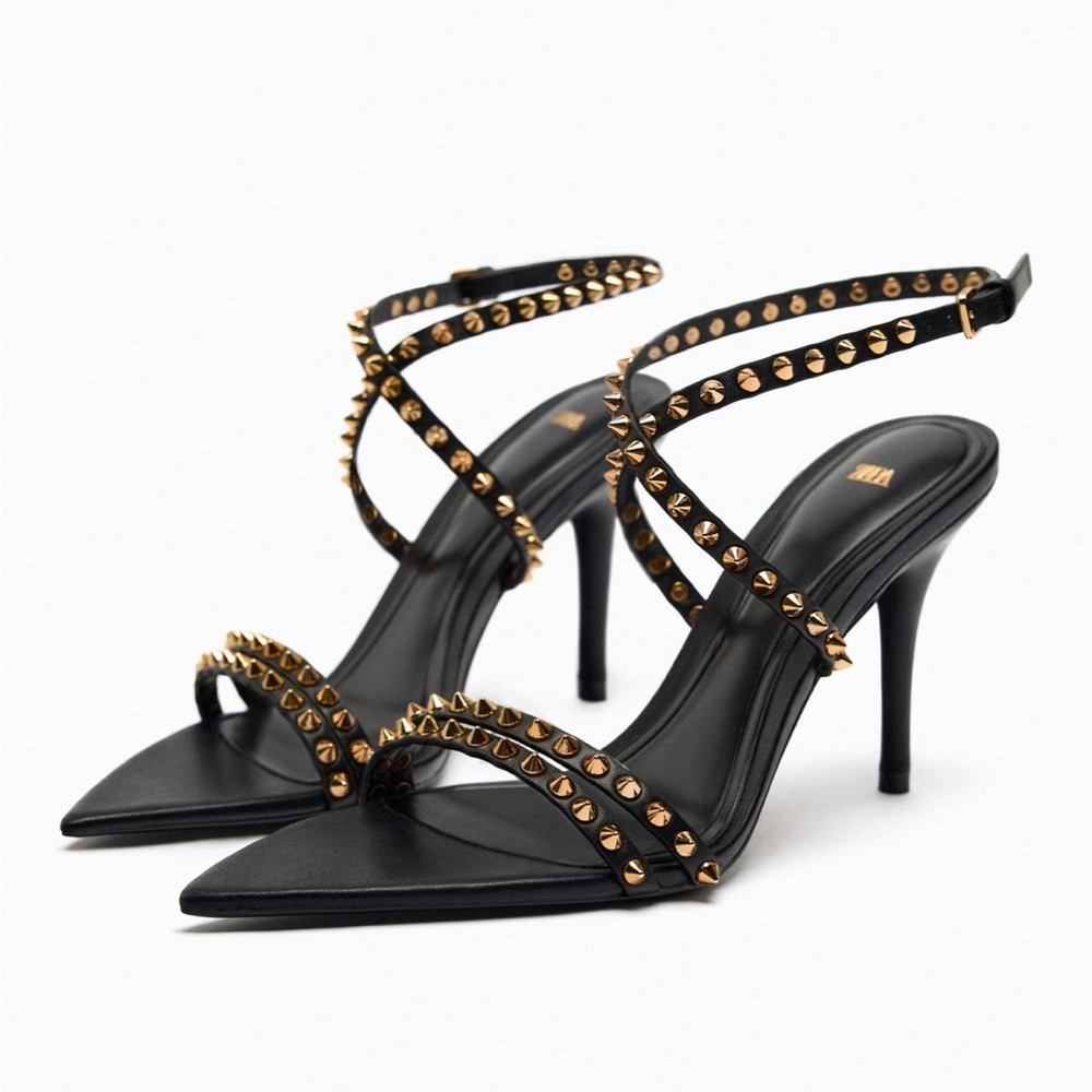 NEW ZARA Studded Leather Heeled Sandals 7.5